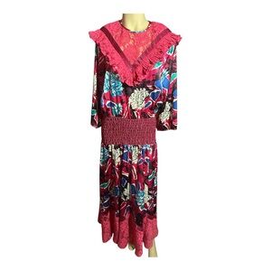 Vintage Diane Freis Fuscia Floral/Lace Maxi Dress, (272)